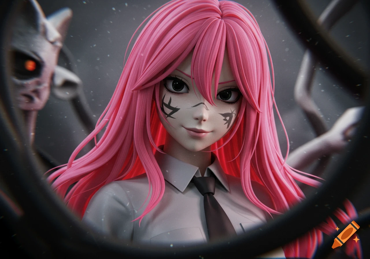 Anime girl with pink hair, black facial markings, and a tie, framed by a dark, distorted background with a shadowy figure.