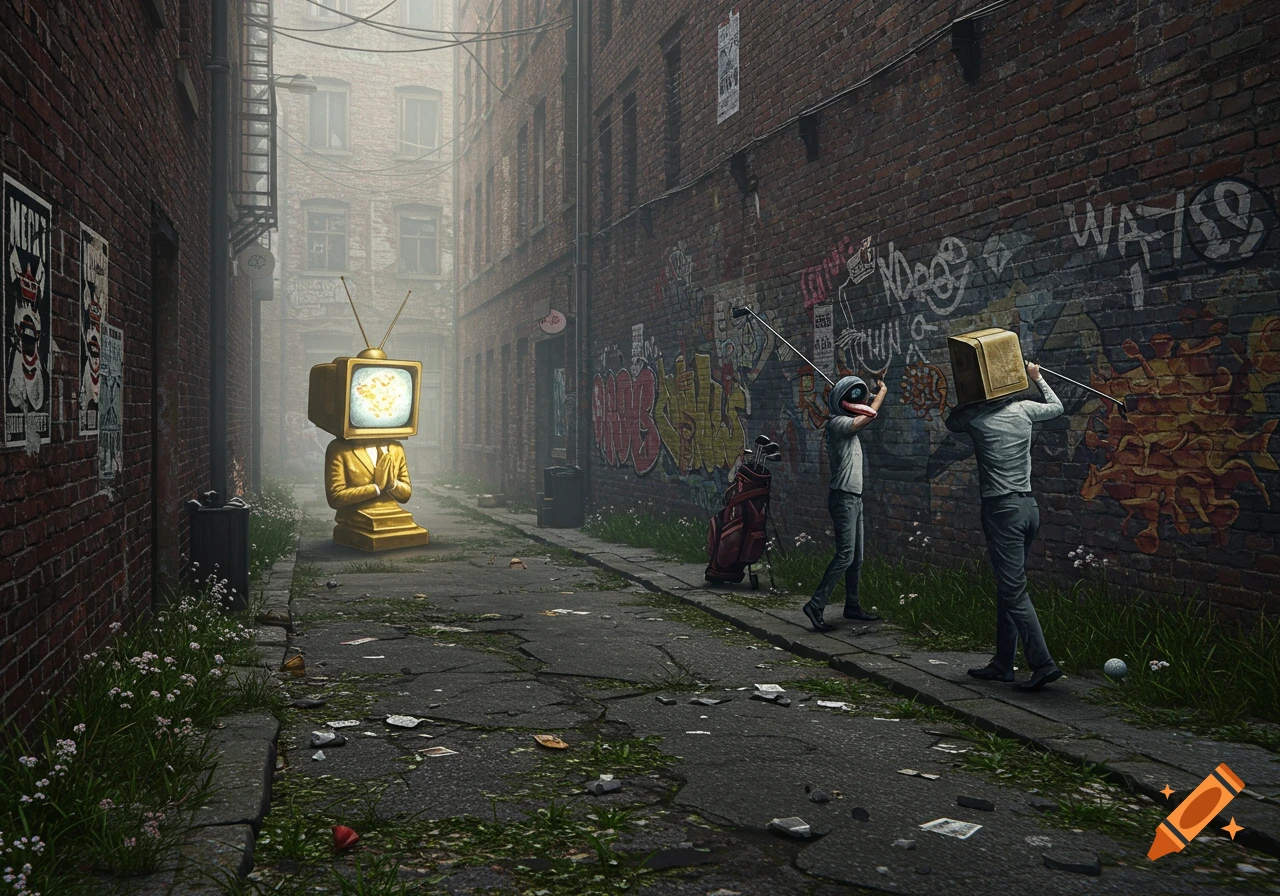 A surreal, dystopian urban alleyway with graffiti and weeds. A golden TV-headed figure kneels, while two other figures with a monster head and a box head play golf against a graffiti-covered wall.