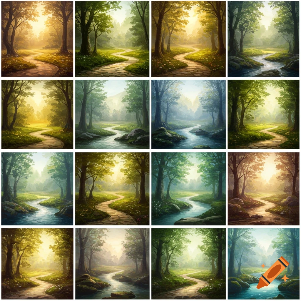 A grid of twelve idyllic, painterly scenes of sun-drenched forests with winding paths and flowing streams.