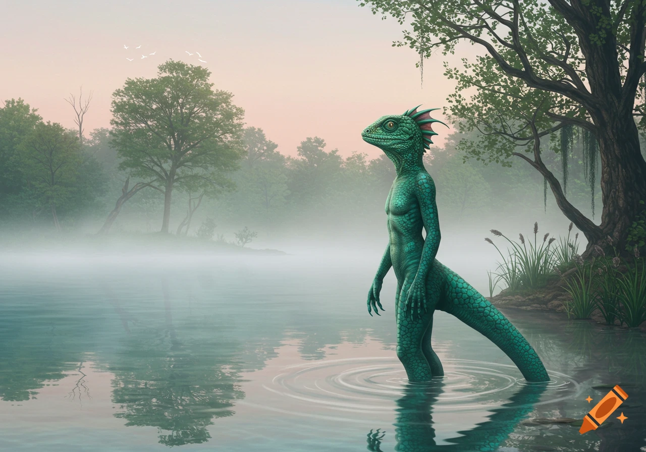 A green lizard person stands in a misty, shallow lake at dawn, surrounded by trees and fog, creating ripples in the water.