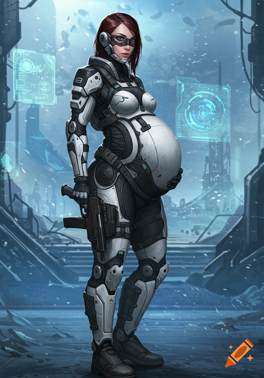 A pregnant woman in a futuristic combat suit with armor and a gun, standing in a sci-fi cityscape with holographic displays.
