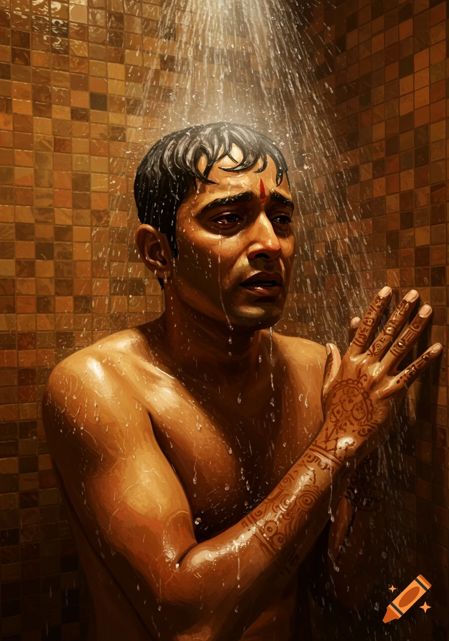 A distraught Indian man with a bindi and mehndi crying while showering, water streaming over him. Realistic painting style.