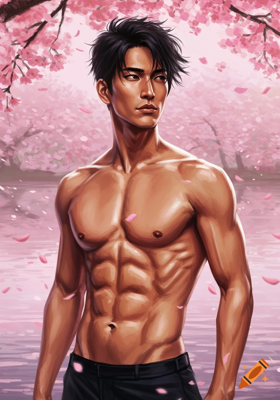 An illustration of a shirtless, muscular Japanese man standing in water with pink cherry blossoms and falling petals.