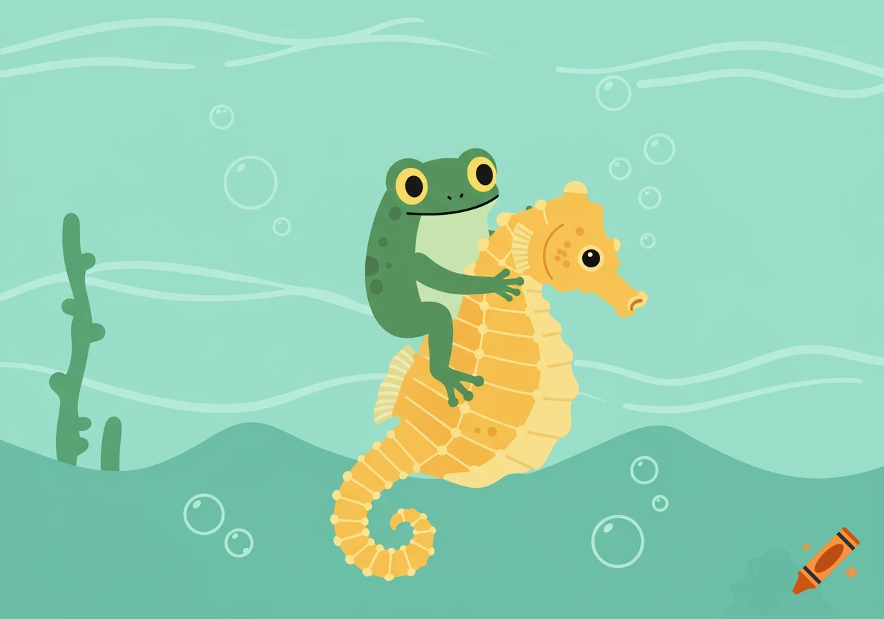 A cartoon frog rides on the back of a seahorse underwater, with bubbles and seaweed. The style is a flat, simple illustration.