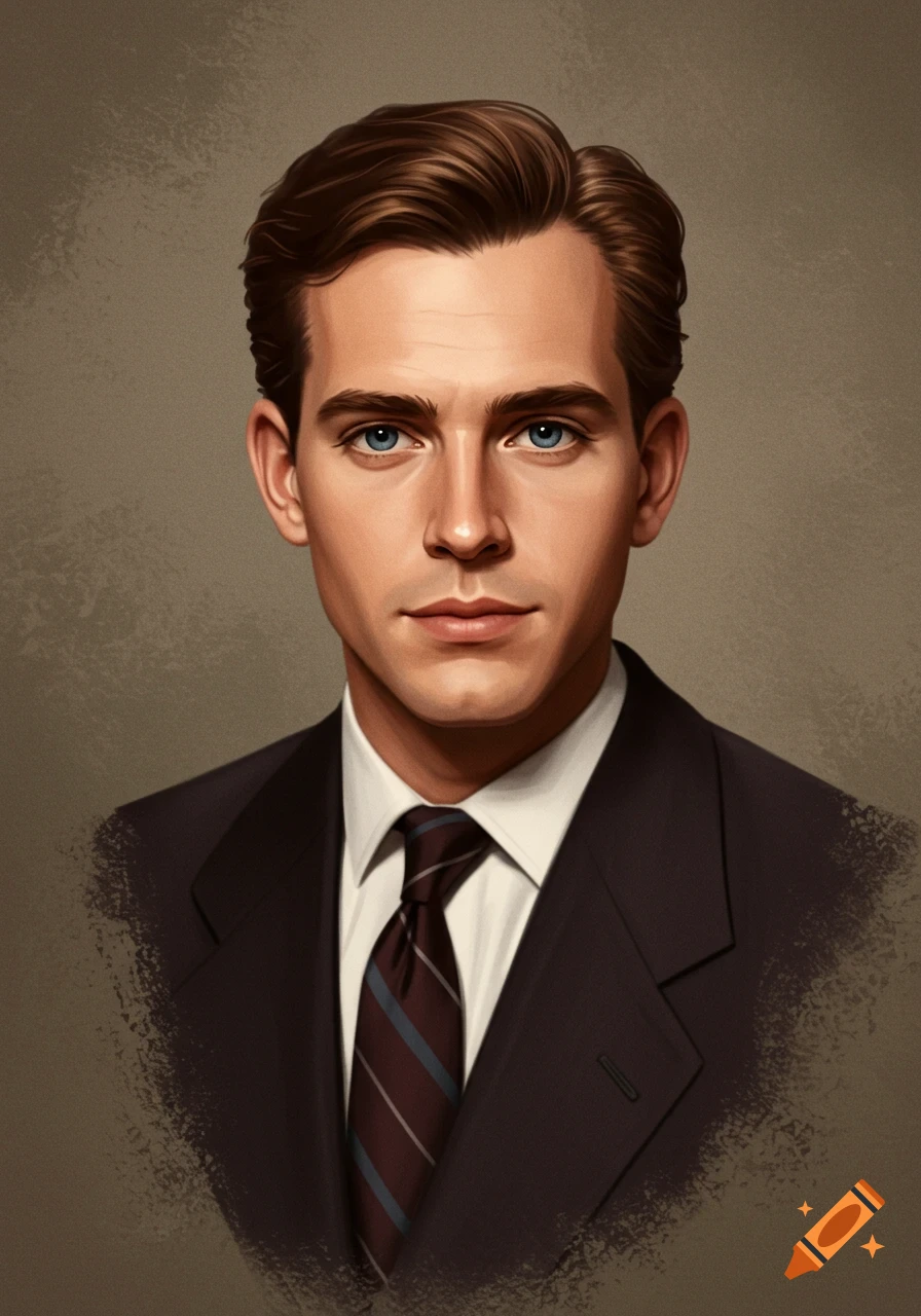 A rendered portrait of a man with blue eyes and brown hair wearing a dark suit and striped tie, against a textured brown background.