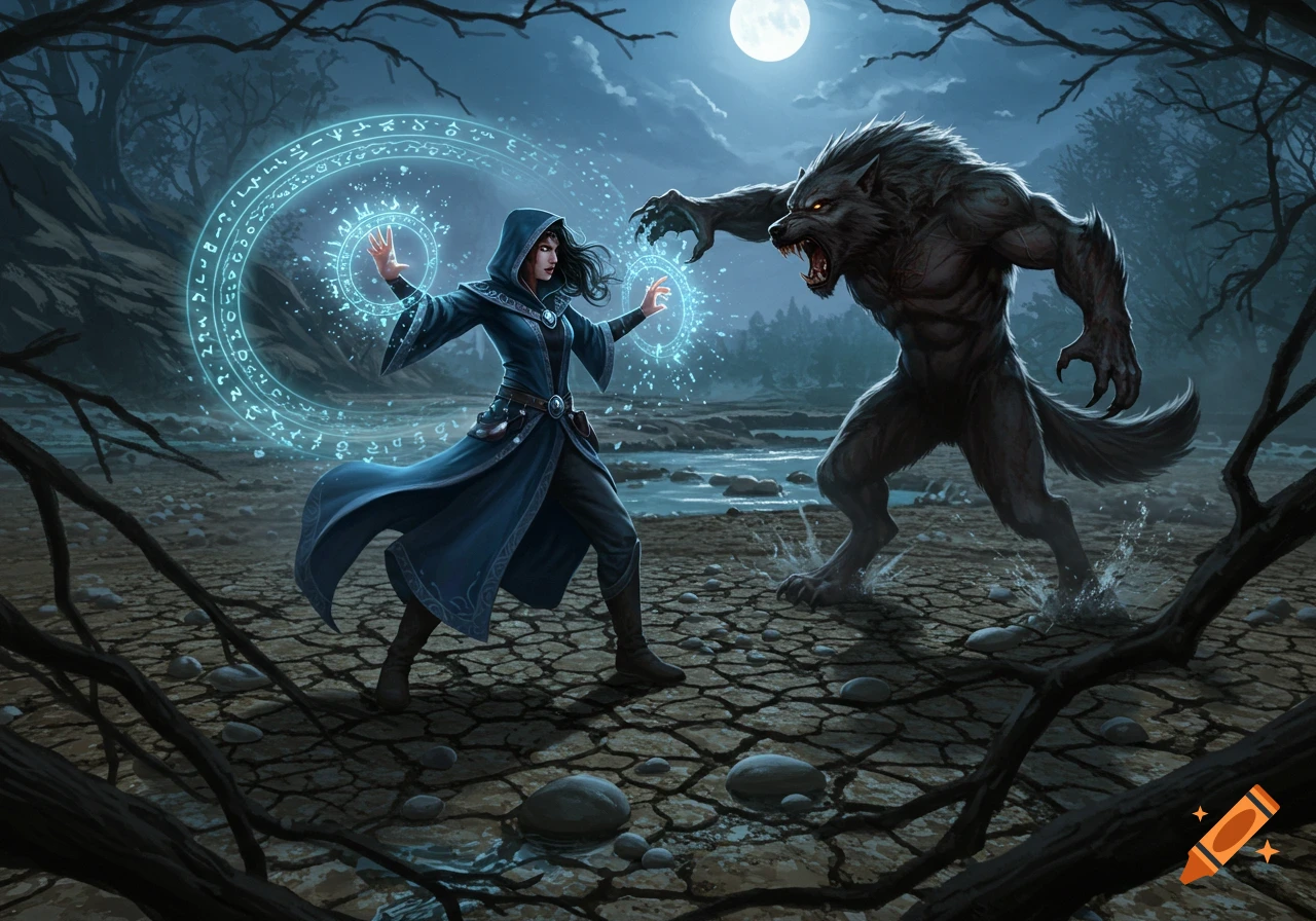 A female mage casts a spell with a glowing blue circle as a werewolf lunges at her in a desolate river bed under a full moon.