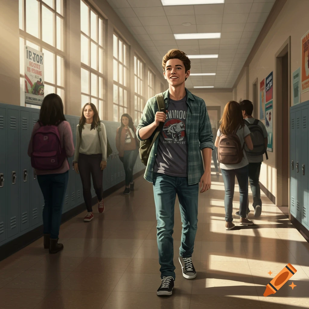 A high school boy with a backpack walks down a brightly lit hallway, smiling, with other students in the background.