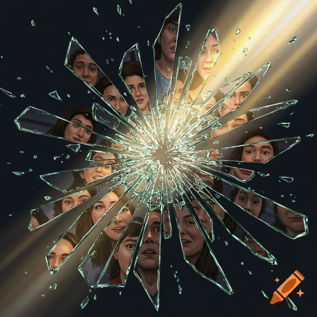 Faces of various people are reflected in many shards of shattered glass, with a bright light emanating from the center of the impact.