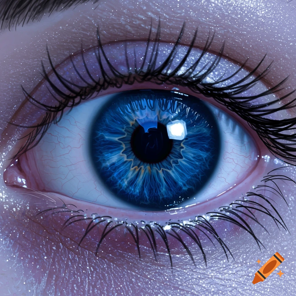 Close-up of a vibrant blue human eye with sparkling skin around it and deep blue iris and sclera.