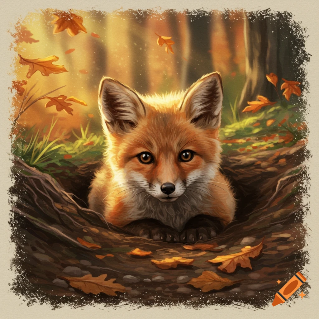 A cute fox peeks out from a hole surrounded by fallen autumn leaves in a warm, illustrative style.