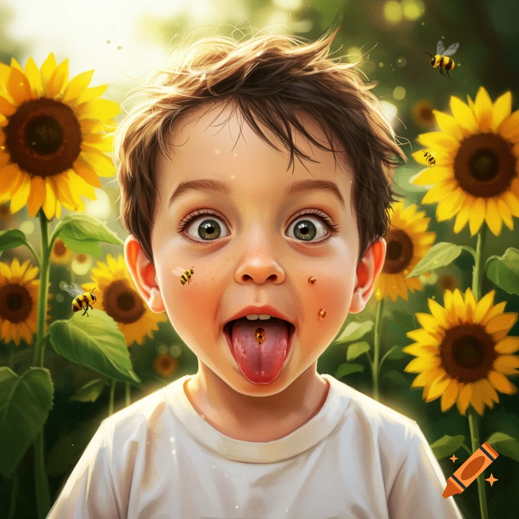 A young boy with wide eyes and his tongue out, with an insect on it, surrounded by sunflowers in a bright field.