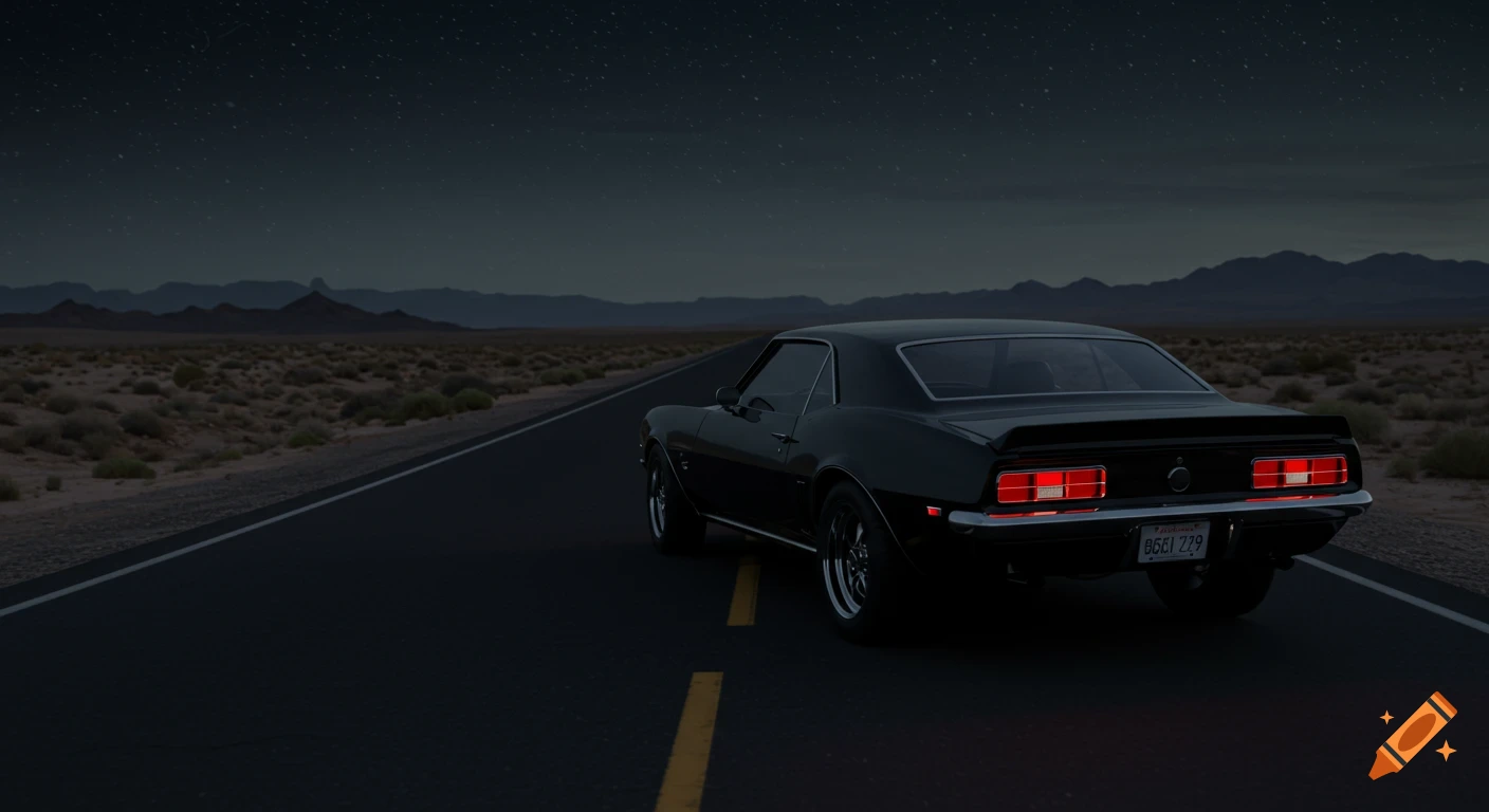A black 1969 Camaro drives down a dark desert road at night under a starry sky. Photorealistic.