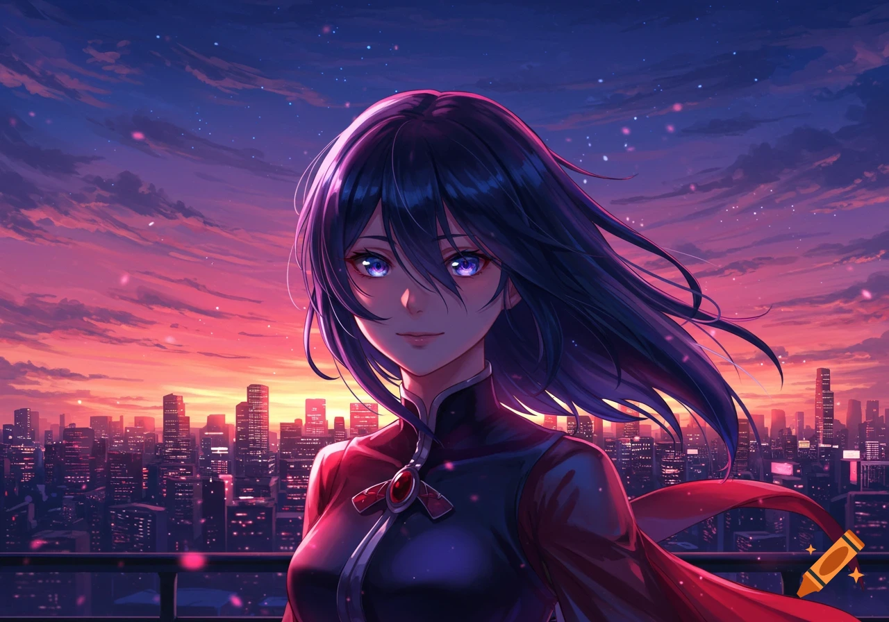 An anime girl with dark hair and glowing purple eyes stands on a rooftop overlooking a city skyline at sunset.