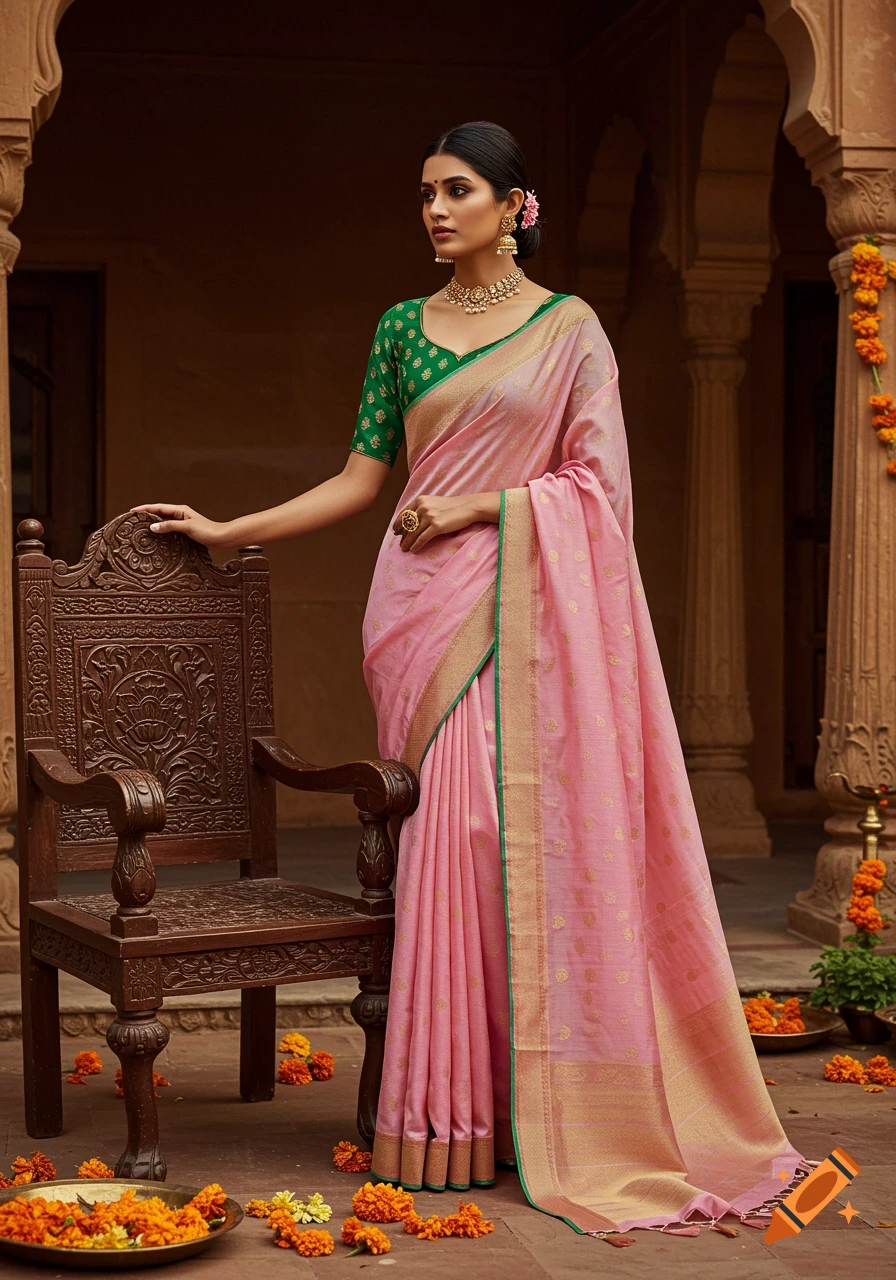 A woman in a pink Kanchi silk saree and emerald green Benarasi blouse stands beside a carved wooden chair in a traditional Indian setting.