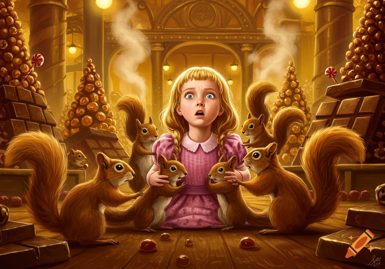 A wide-eyed girl in a pink dress is surrounded by several squirrels in a grand chocolate factory filled with large chocolate blocks and candy-topped chocolate trees.