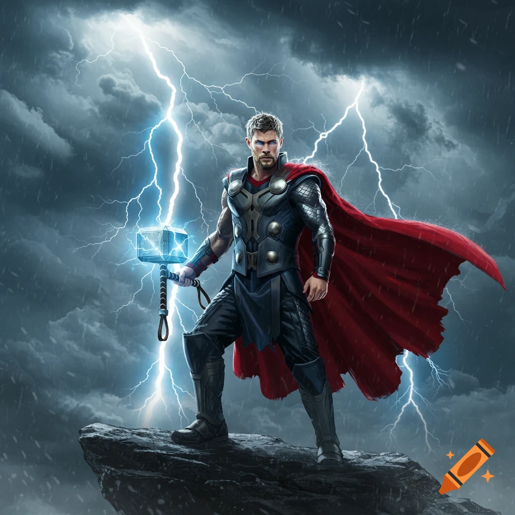 Thor, mighty superhero, stands on a rock with Mjolnir and lightning in a stormy sky.