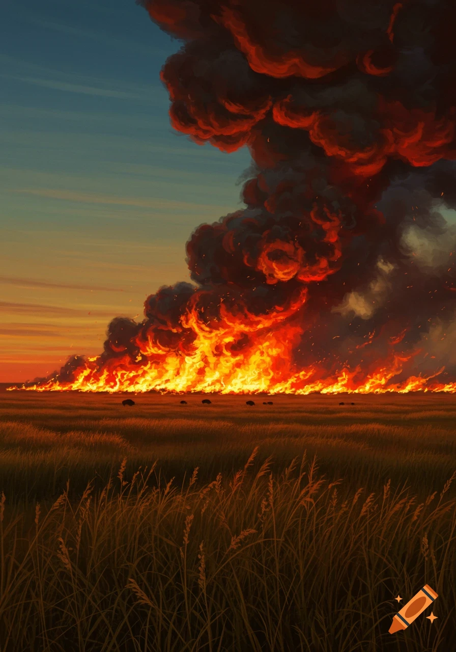A massive prairie fire burns across a field of tall grass at sunset, with a huge plume of smoke rising into the sky. Painterly style.