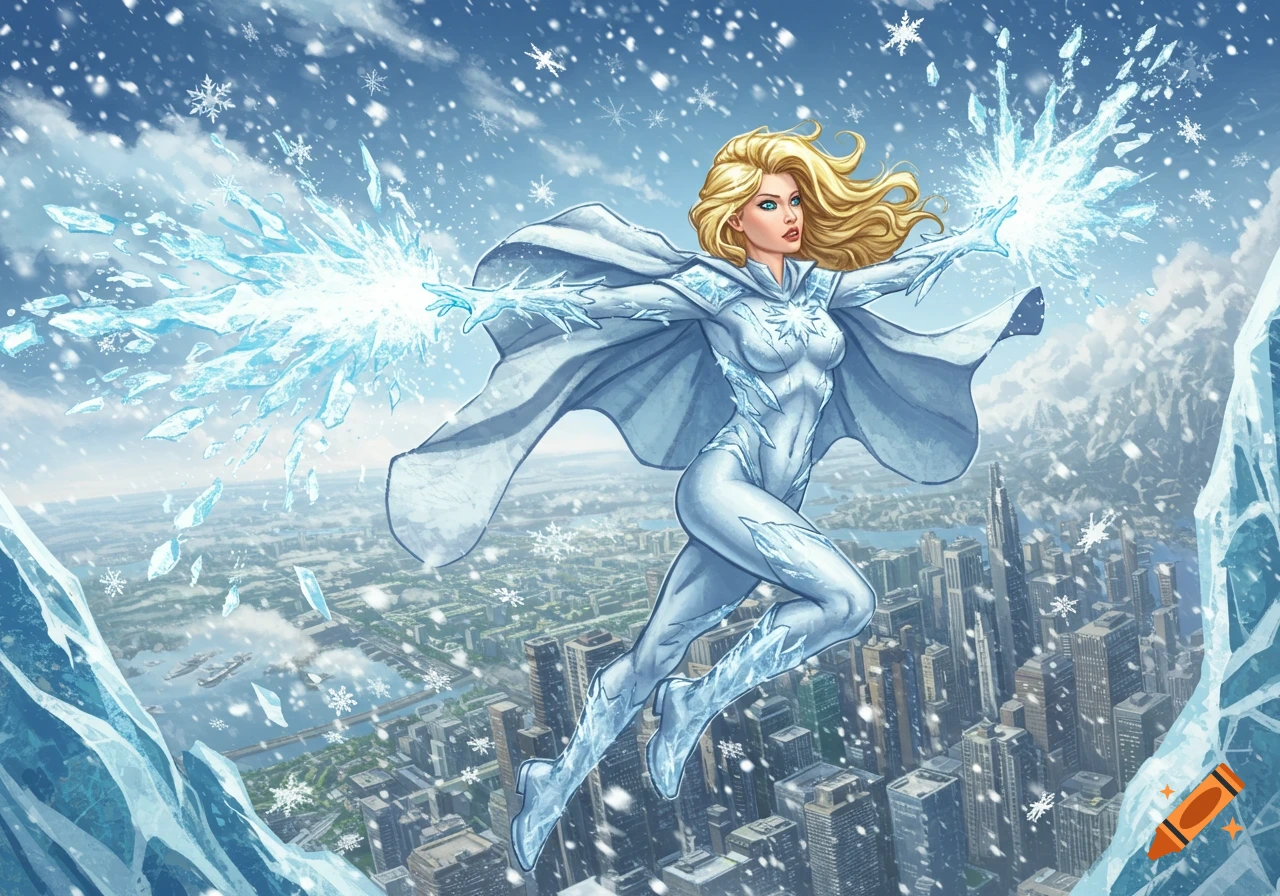 A blonde female superhero in a white and light blue suit flies over a snowy city, casting ice blasts from her hands in a comic art style.