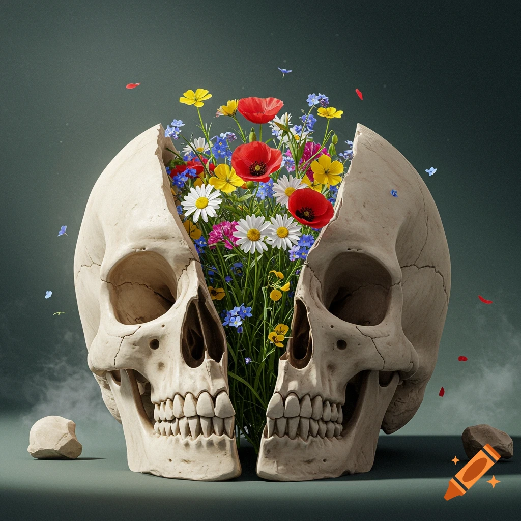 Two halves of a skull with a vibrant bouquet of colorful wildflowers growing from the center on a dark background.