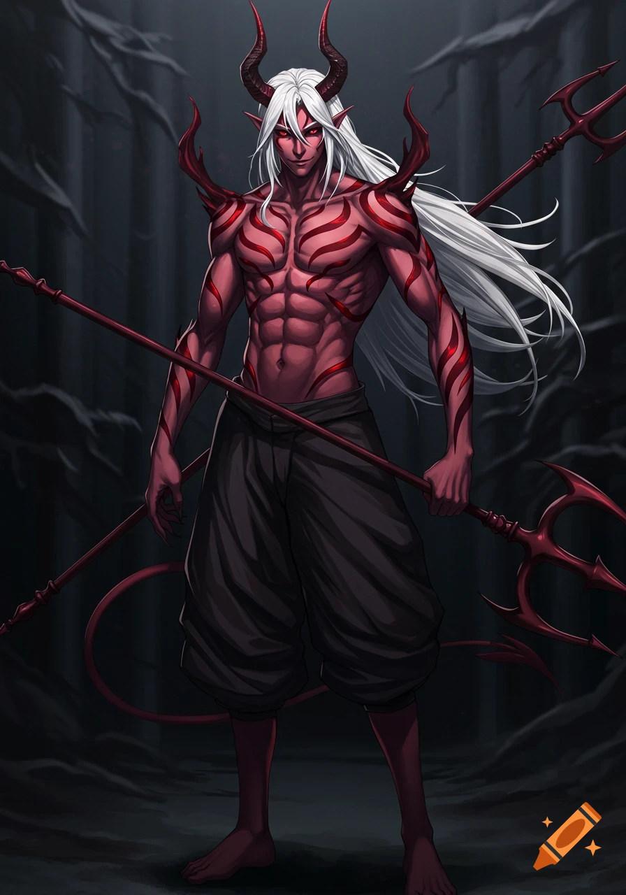 An anime-style male demon with red skin, white hair, horns, and red markings, holding a trident in a dark forest.