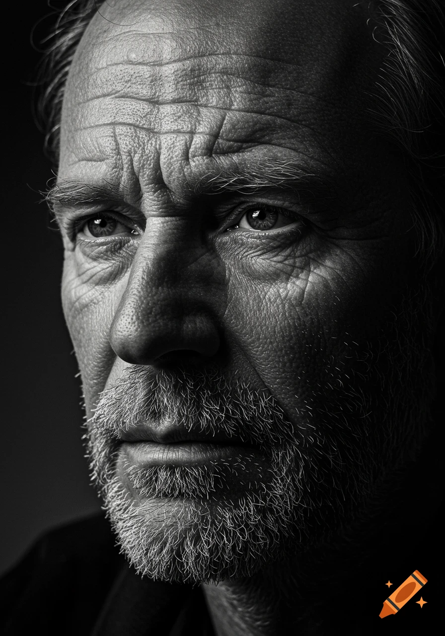 Close-up black and white portrait of an older man with a beard and wrinkled skin, dramatically lit.