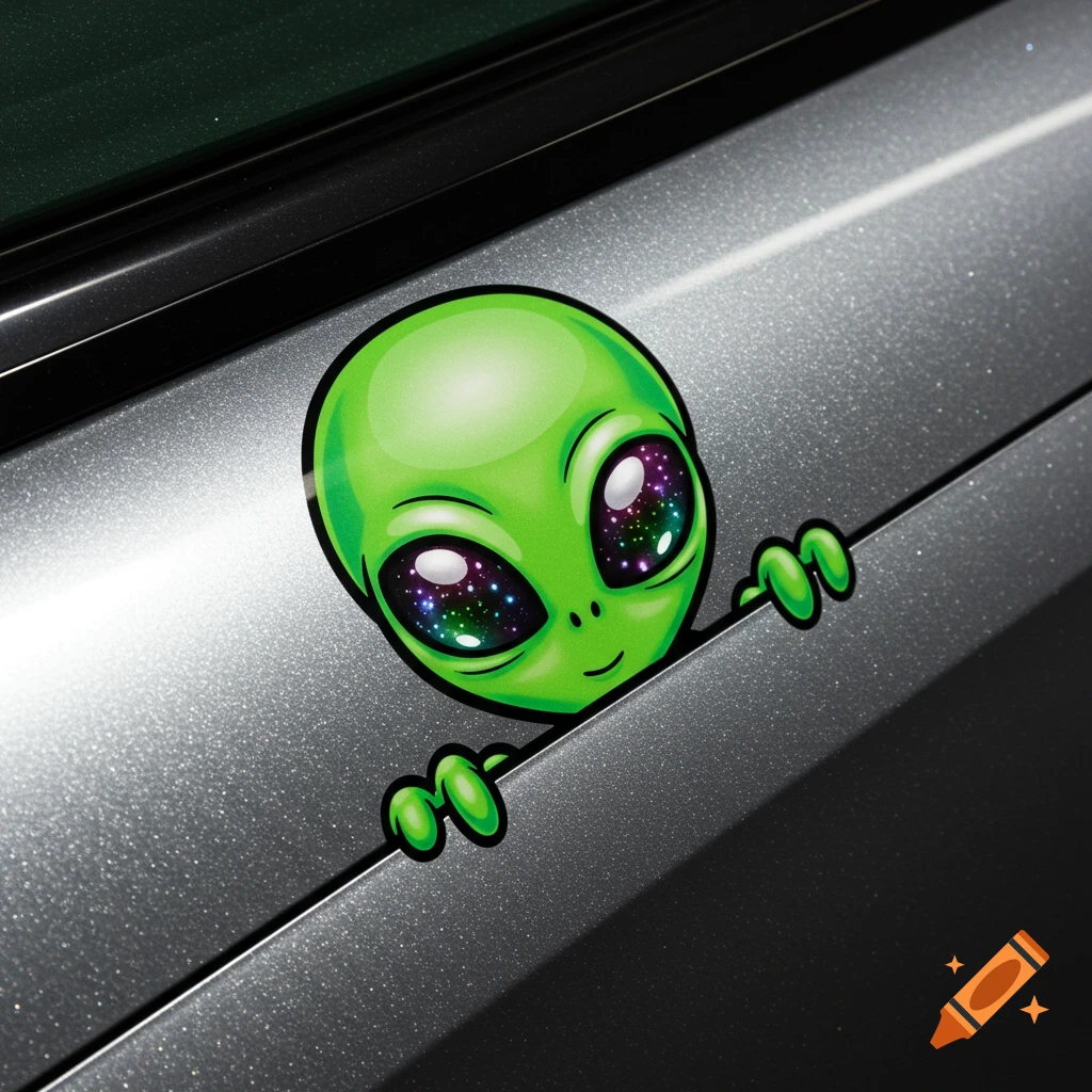 A vibrant green cartoon alien head decal with sparkling, starry eyes peeking from behind a grey car panel.