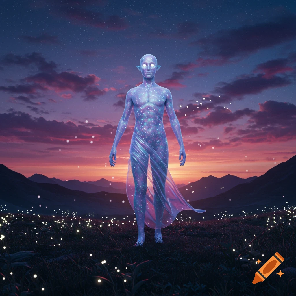 A glowing, translucent, blue humanoid figure stands in a dark field with luminous specks, against a vibrant sunset sky and mountains.