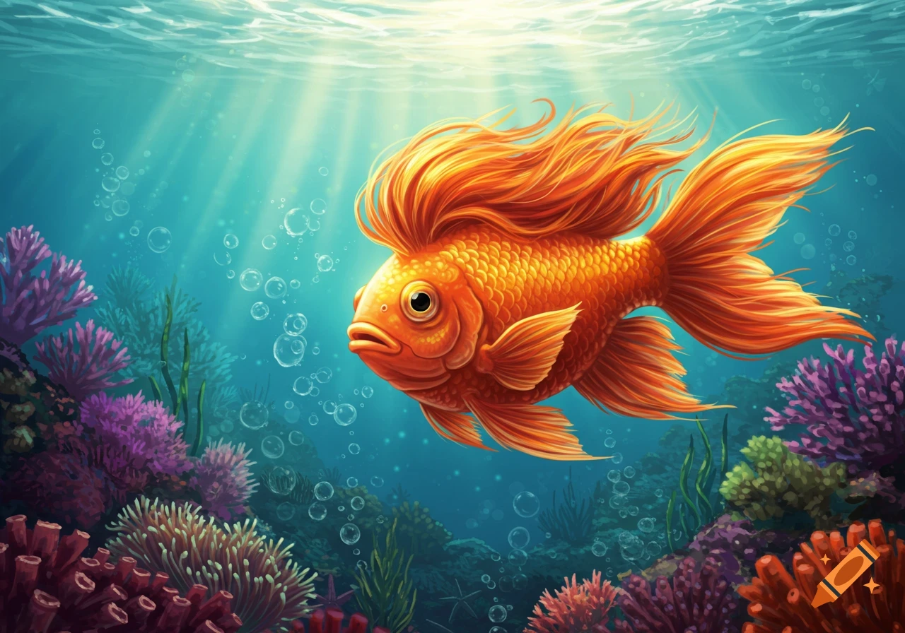 A cartoonish orange goldfish with flowing fins resembling ginger hair swims in a vibrant coral reef under sunlit water.