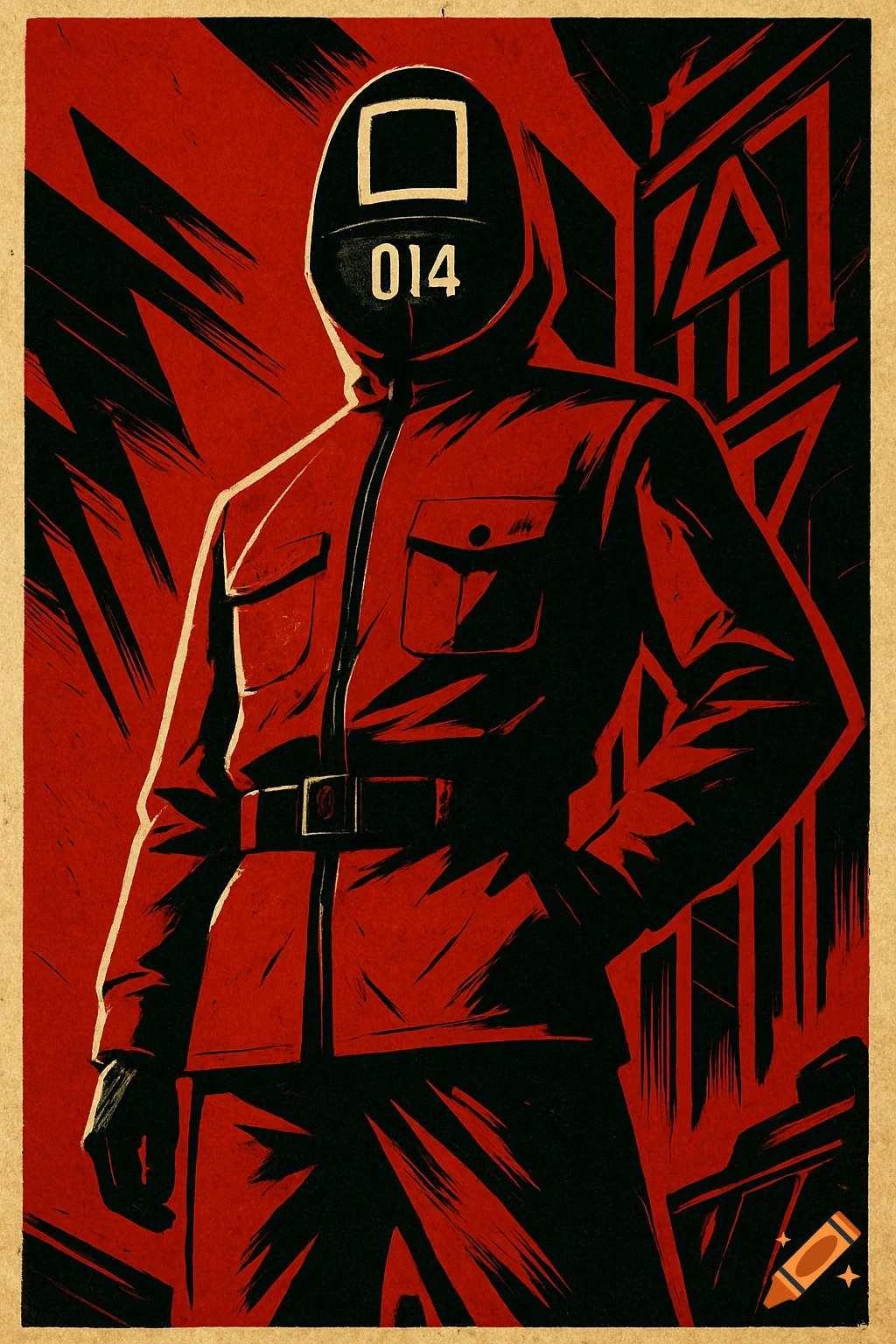 A stylized propaganda poster of a Squid Game guard in a red uniform and black mask with a white square and '014' printed on it.