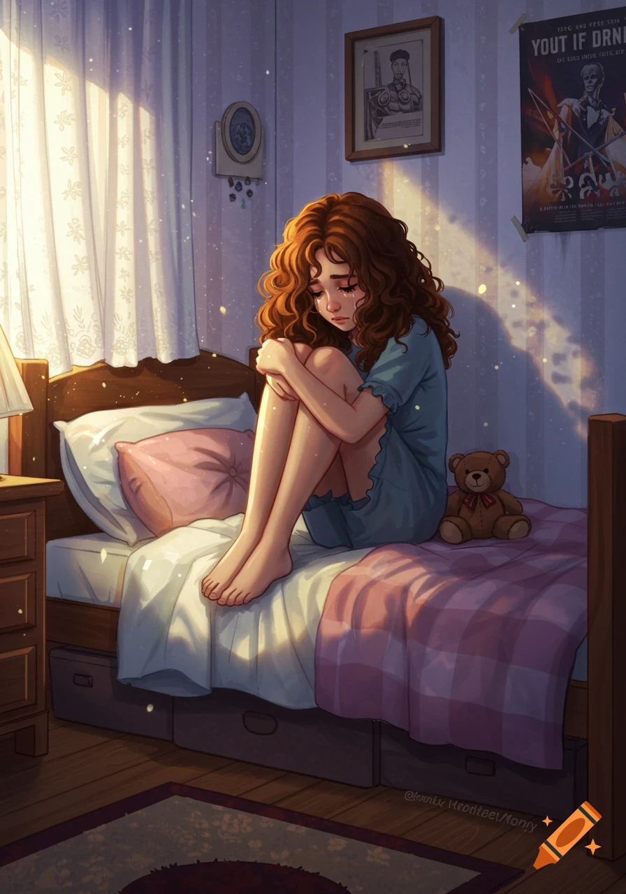A young girl with curly brown hair sits on her bed, hugging her knees and crying in a dimly lit bedroom with sunlight. Digital illustration.