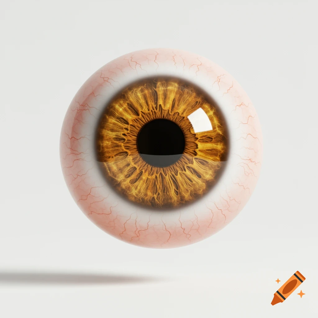 A detailed, realistic amber-colored eyeball floats against a clean white background.