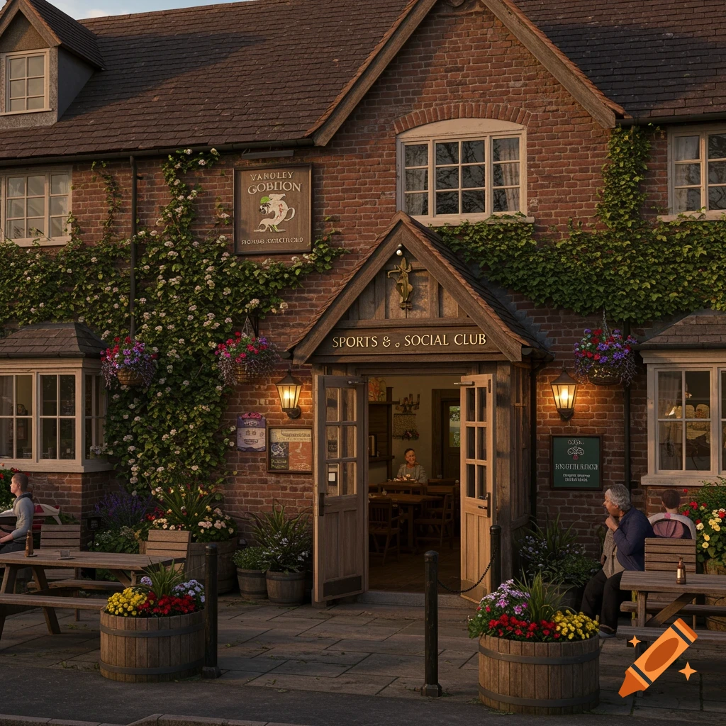 A photorealistic image of the front of a brick building with vines, hanging baskets, and outdoor seating, resembling a sports and social club.
