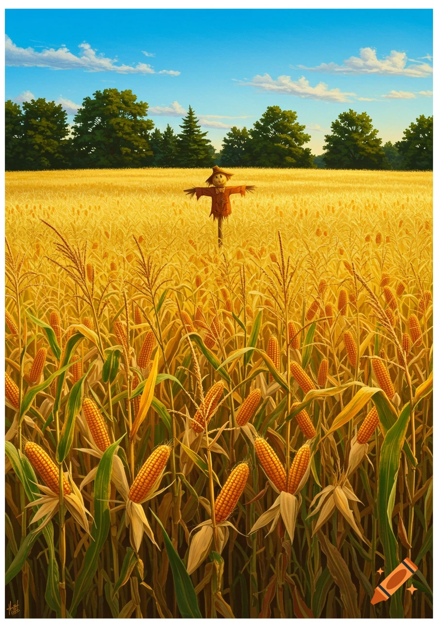 A scarecrow stands in a vast golden cornfield under a clear blue sky with trees in the background.