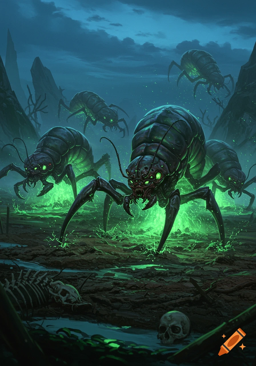 Dark fantasy art of glowing green-eyed ankheg monsters in a dark, swampy landscape with skeletal remains.