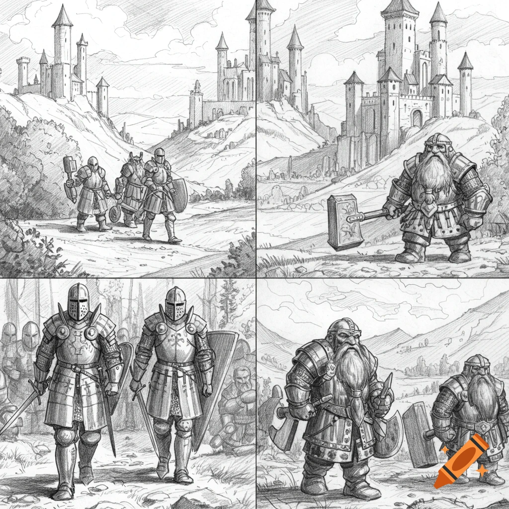 Black and white pencil sketches of medieval fantasy scenes with armored knights, dwarves, and castles.