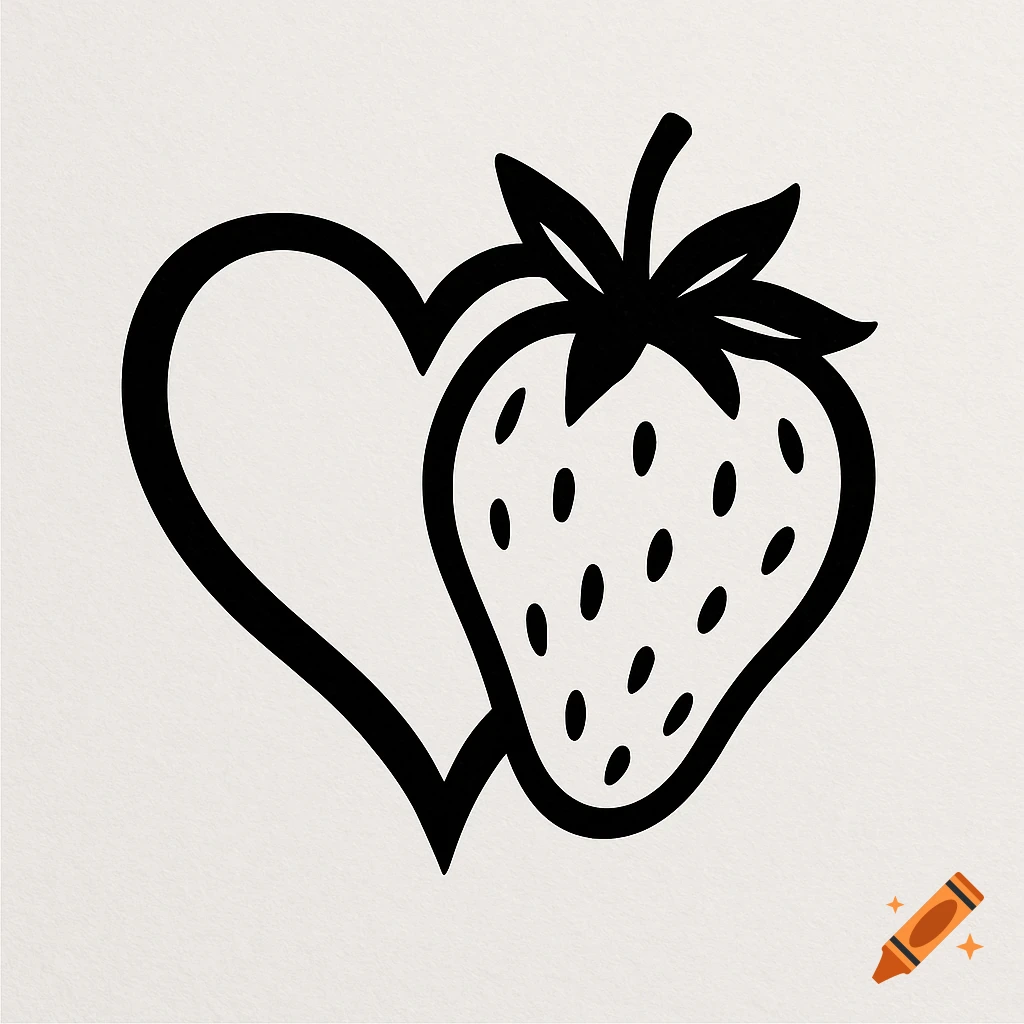 A black and white minimalist tattoo design featuring a heart shape next to a strawberry.