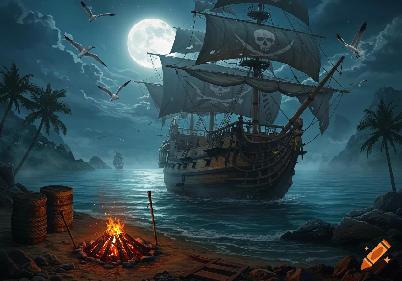 A pirate ship sails under a full moon at night, near a tropical beach with palm trees and a bonfire, with seagulls flying.