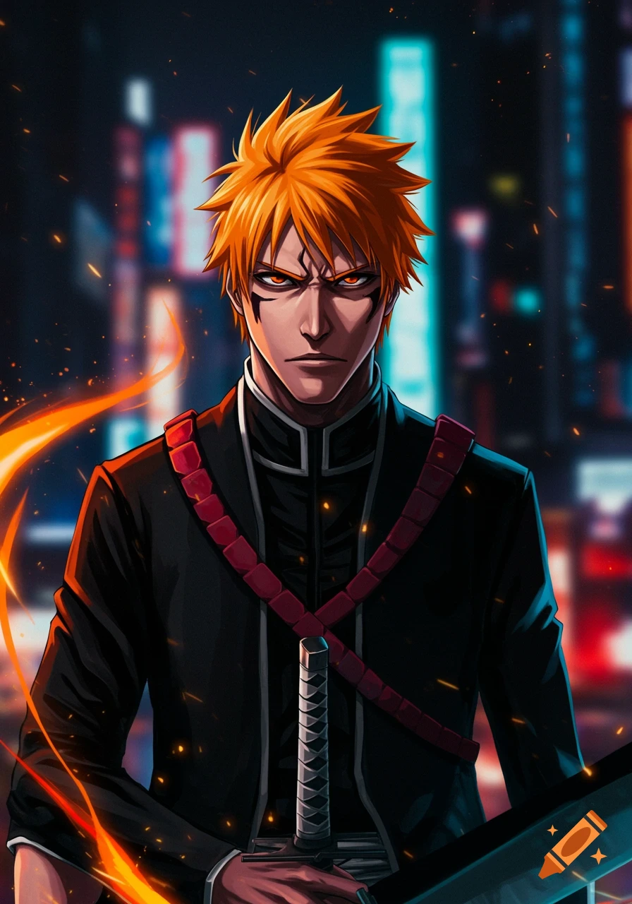 A portrait of Ichigo Kurosaki from Bleach with orange hair, glowing eyes, and black markings, holding a sword against a city night background.