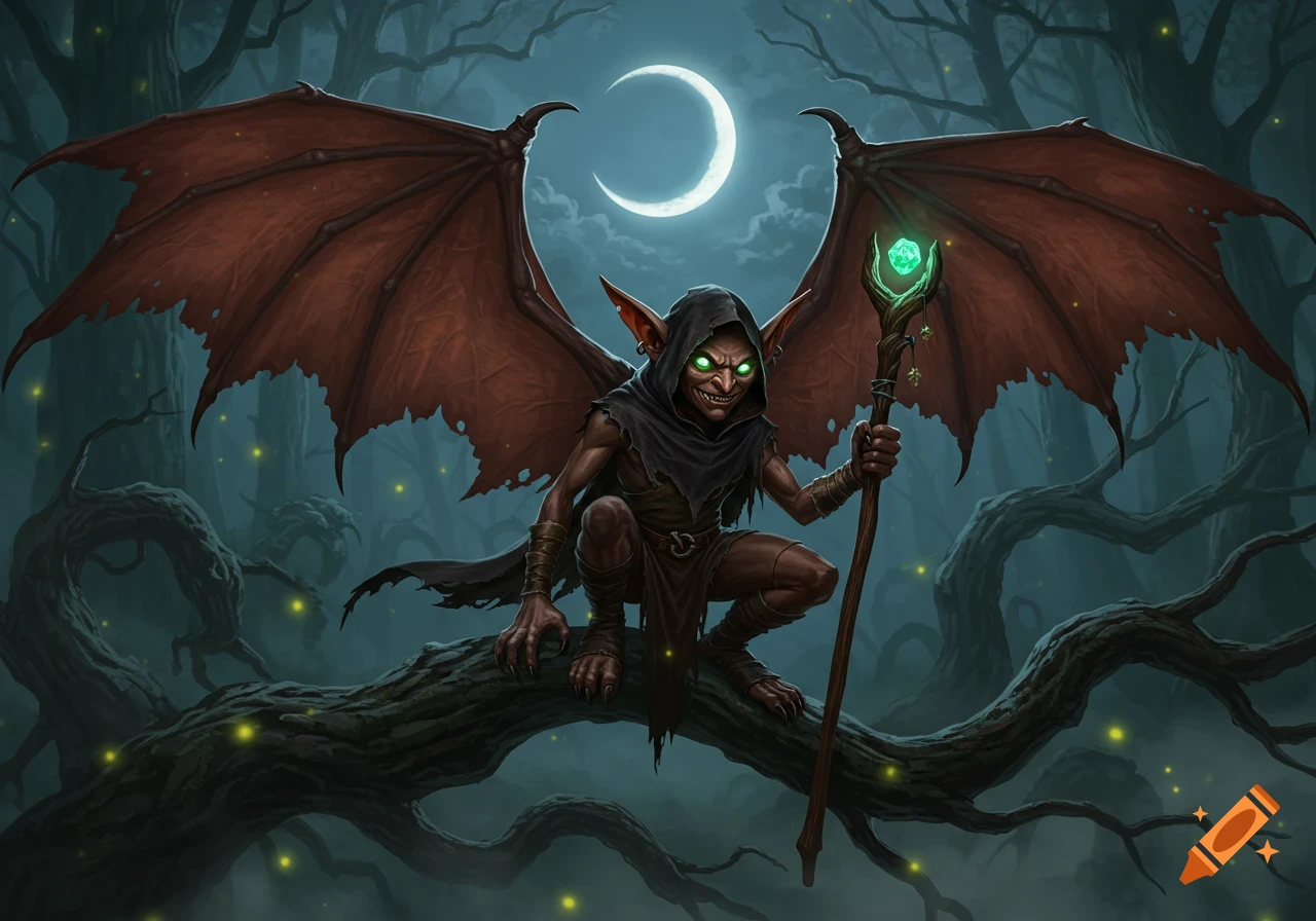 A winged goblin with glowing green eyes perches on a gnarled tree branch in a dark, moonlit forest, holding a glowing staff.