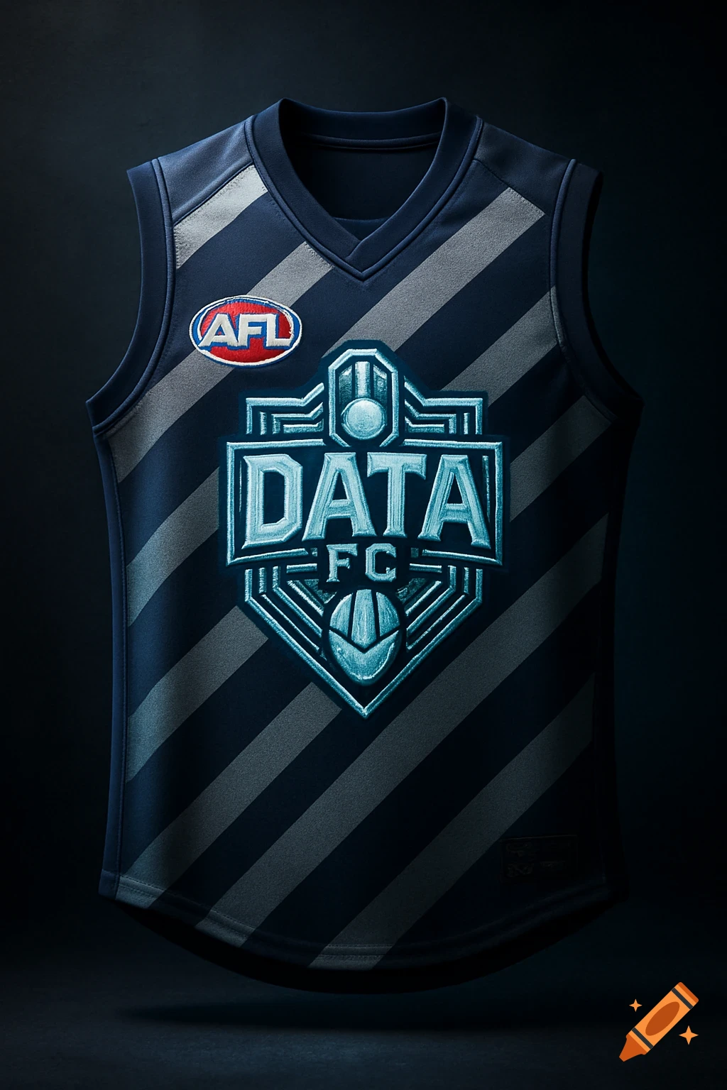 A dark blue AFL football jumper with grey stripes and a prominent 'DATA FC' logo glowing on the chest, against a dark background.