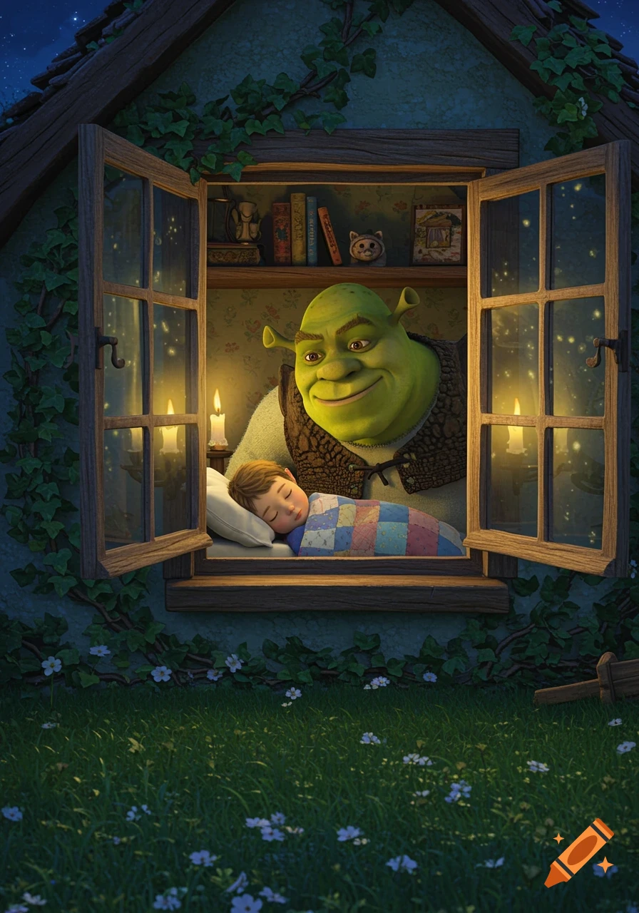 Shrek, the green ogre, watches a child sleeping in a bed through an open window of a cozy cottage at night.