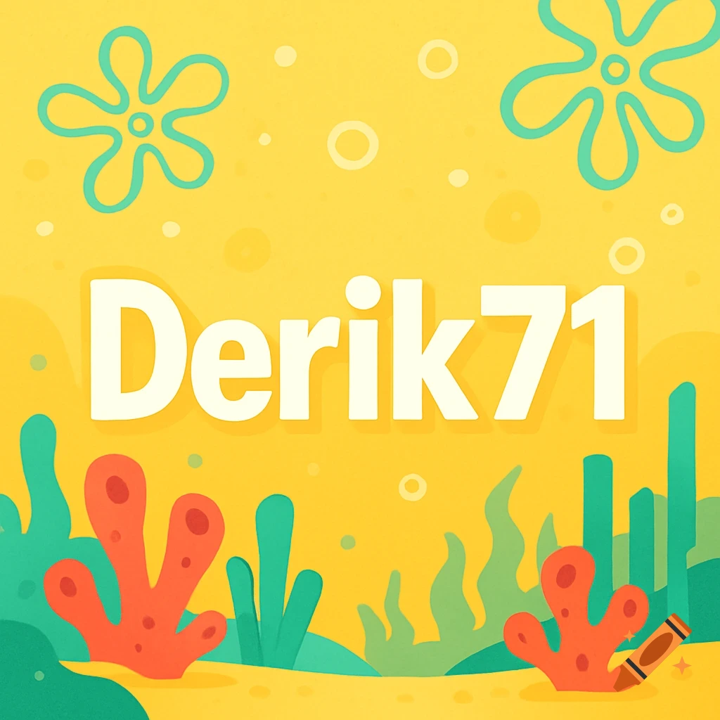 The name 'Derik71' in white capital letters against a yellow background with stylized orange coral and green sea plants.