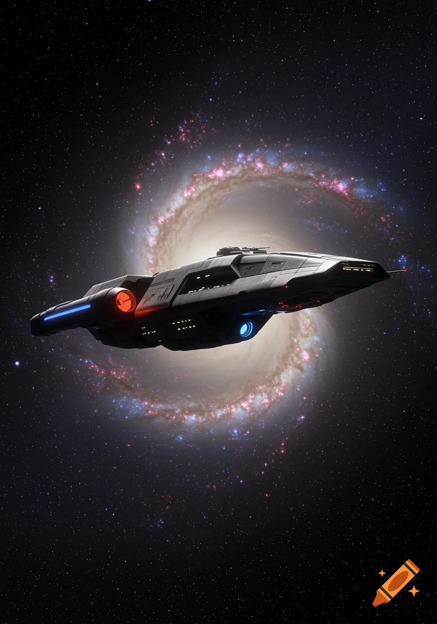 A photorealistic image of a sleek dark spaceship with red and blue glowing thrusters, centered against a vibrant swirling galaxy in deep space.