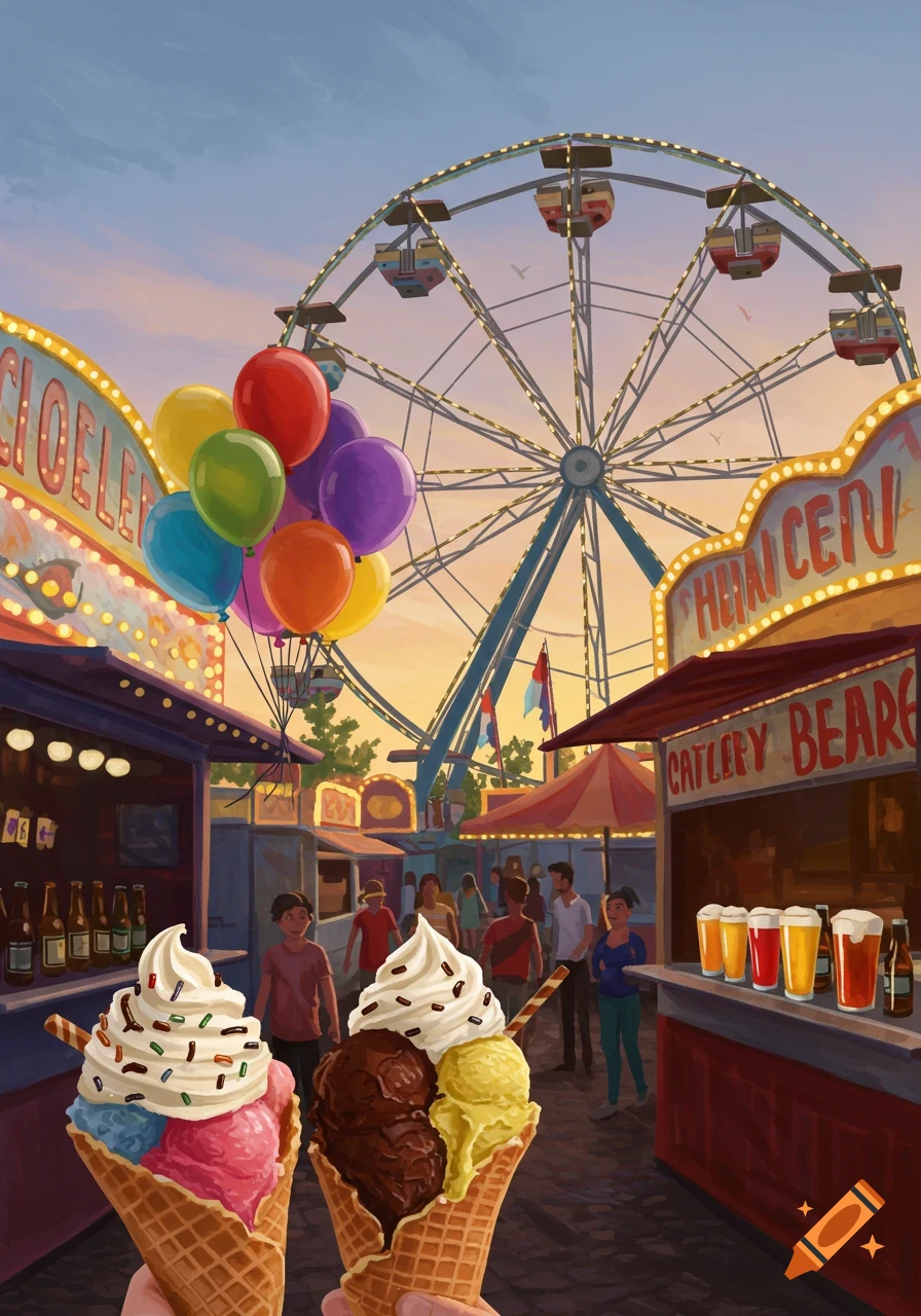 A vibrant illustration of a carnival at sunset, with a Ferris wheel in the background, and two hands holding ice cream cones in the foreground.