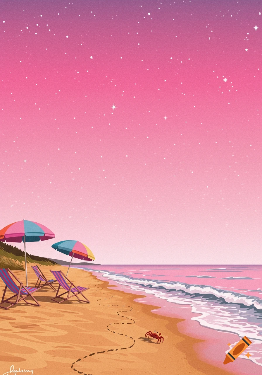 An illustrative beach scene at dusk with two colorful beach umbrellas, three chairs, and a small red crab on the sand under a hot pink to baby pink ombr r e sky filled with stars.