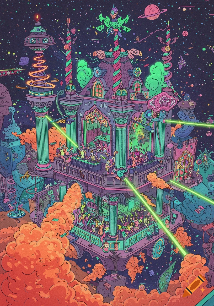 A vibrant, detailed cartoon illustration of a fantastical, multi-level building hosting a lively rave party, floating in colorful outer space.