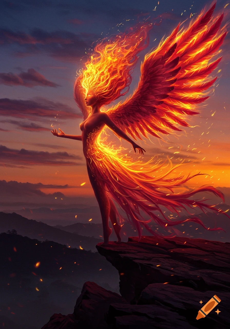 Vibrant digital art of a woman transforming into a fiery phoenix, standing on a cliff against a dramatic sunset sky.