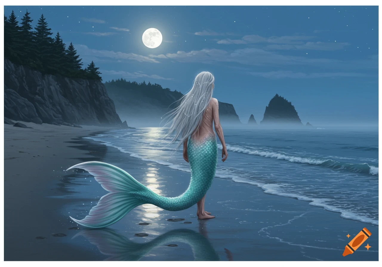A mermaid with long white hair and a turquoise tail stands on a moonlit beach, looking out at the ocean.