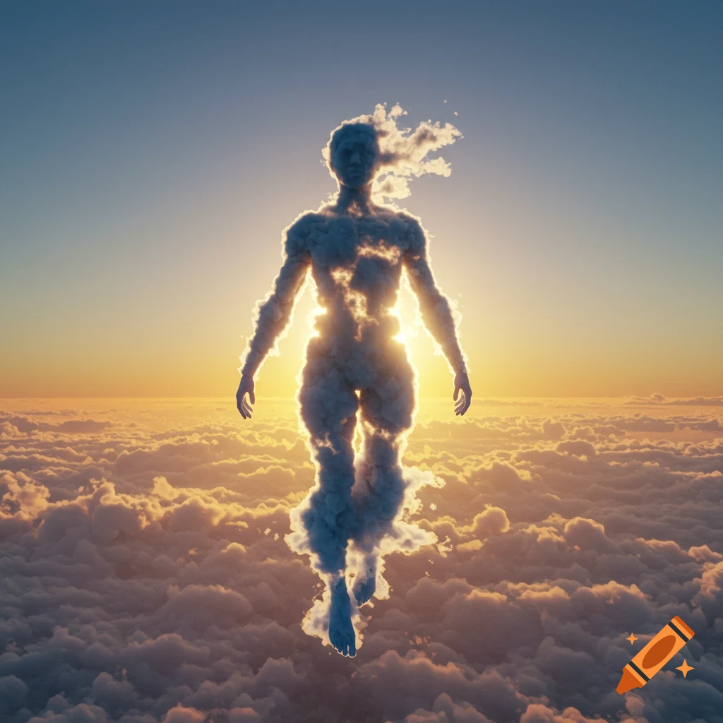 A human-like figure made of white clouds floats above a sea of clouds during a golden sunset.