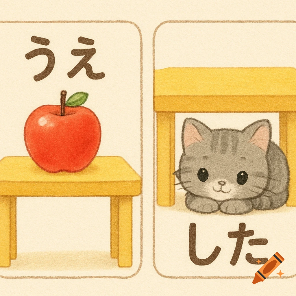 Two cute flashcards: one with an apple on a table and "うえ", the other with a cat under a table and "した".